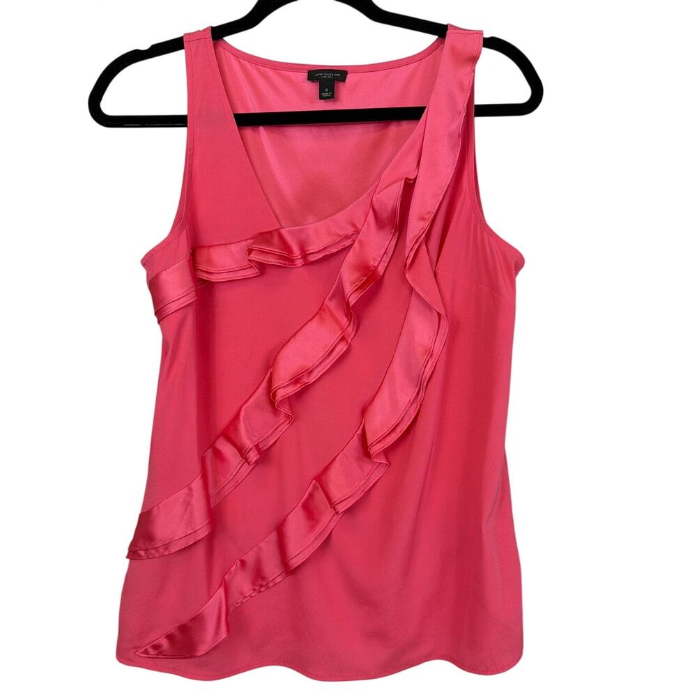 Ann Taylor Pink Silk Blend Sleeveless Tank Top with Ruffle Front Detail Size S